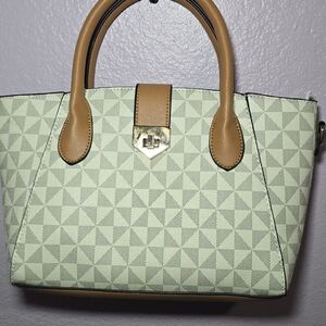 White Geometric Tote with Tan Handles